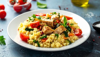 A delicious and healthy couscous salad with grilled tofu, cherry tomatoes, and fresh herbs, presented on a white plate.