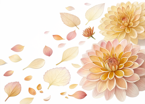 Delicate peach and cream dahlias with falling petals and leaves isolated on transparent background
