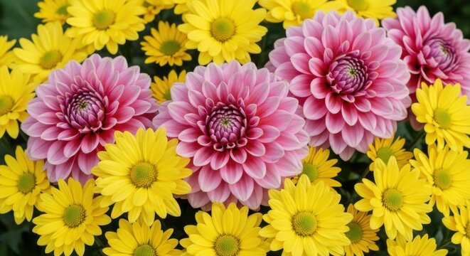 Vibrant Cluster of Pink and Yellow Chrysanthemums in Full Bloom a Beautiful Display of Autumnal Flowers