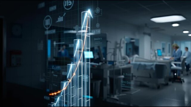 Healthcare Growth: A striking visual of a rising graph superimposed over a hospital setting, symbolizing growth and progress in healthcare, a beacon of innovation.