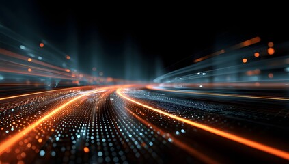 Abstract visualization of glowing digital data streams and light trails moving rapidly through a futuristic urban environment at night