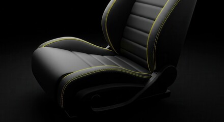 Modern black seat with yellow stitching on a dark background.