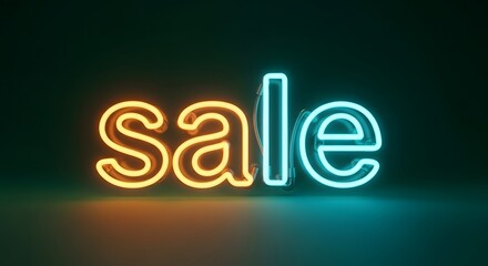 Neon sign spelling out the word sale in glowing orange and blue lights against a dark, moody background, perfect for retail promotions and advertising