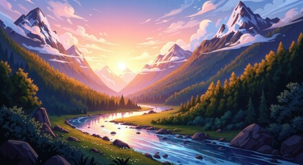 A Majestic Sunrise Over a Serene Valley River Reflecting the Golden Hues of the Sky and Snow Capped Mountains