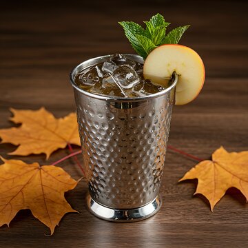 An autumnal Applejack Julep (Applejack brandy, maple syrup, mint), served in a textured silver cup, packed with crushed ice, garnished with a thin apple slice and a mint sprig, placed next to a jockey
