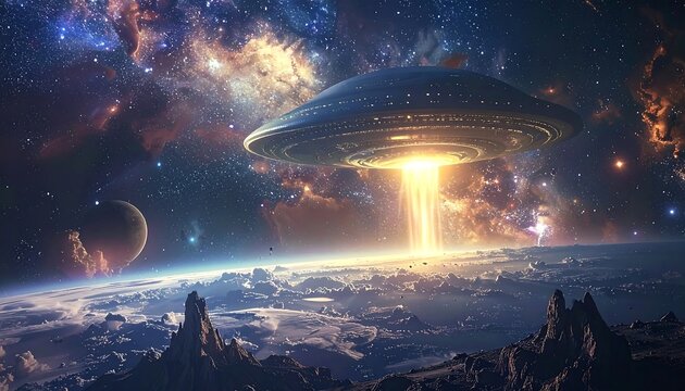 A UFO emitting light over a planet, set against a cosmic nebula backdrop