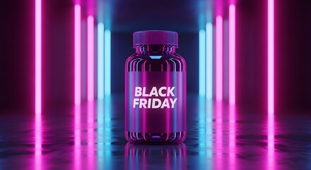 A purple bottle with the words black friday written on it, set against a backdrop of vibrant pink and blue neon lights in a futuristic tunnel