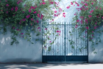 Fototapeta premium Watercolor Garden Gate With Climbing Roses And Vines Pattern Artistic Floral Illustration Design Element