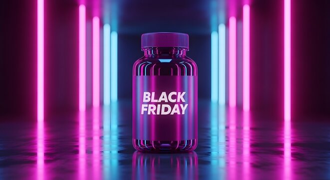 A purple bottle with the words black friday written on it, set against a backdrop of vibrant pink and blue neon lights in a futuristic tunnel