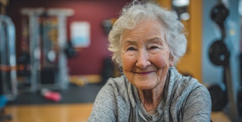 Elderly woman smiling while resting in a gym with fitness equipment