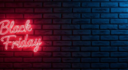 Red neon sign that says black friday glowing on a dark brick wall with blue and red lighting, perfect for sale announcements