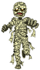 Scary Cartoon Mummy with Glowing Eyes and Torn Bandages, Halloween Horror Character