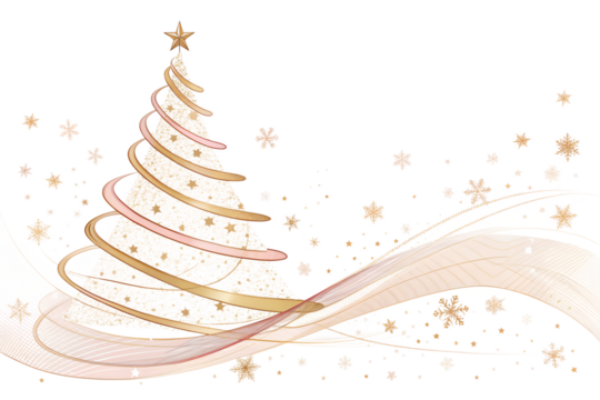 Festive illuminated christmas tree with swirling ribbons and snowflakes isolated on transparent background - Powered by Adobe