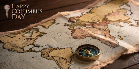 Vintage columbus day celebration with antique map and compass evoking exploration and discovery