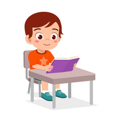 Young Boy Reading Book at Desk with Happy Expression in Cartoon Style Illustration