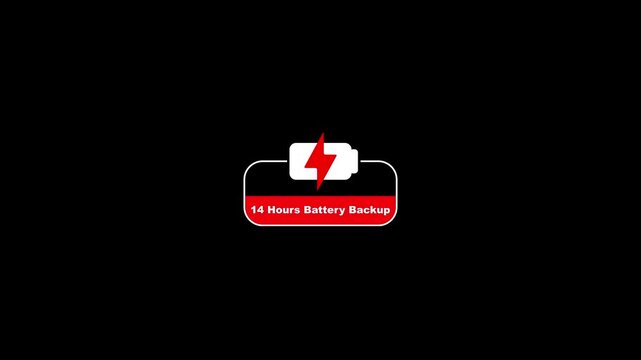 Battery icon with lightning bolt and text 14 Hours Battery Backup on black background power energy