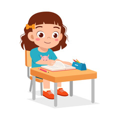 Young Student Reading Book at Desk with Joyful Expression in Classroom Illustration