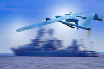 Military. Surveillance, Defense, Technology. Unmanned aerial drone flying over sea with warship in background, symbolizing modern naval operations and reconnaissance. © Grispb