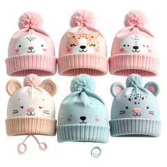Adorable knitted baby hats feature cute animal faces with pom-poms.
