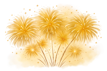 Golden fireworks exploding in a celebratory burst of light and sparkle isolated on transparent background