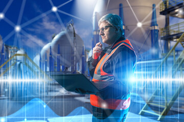 Chemical Plant, Hydrogen, Industry 4.0. Engineer in safety vest and helmet works with laptop analyzing digital data at hydrogen chemical plant with futuristic technology overlay.