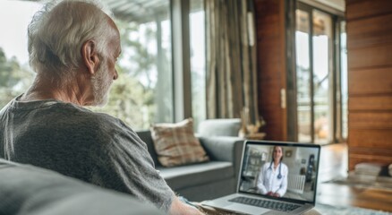 Elderly man consulting with doctor via video call on laptop at home