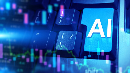 Artificial Intelligence, Technology, Data. Close-up of keyboard with AI button, digital graphs overlay symbolizing machine learning, innovation and big data analysis.