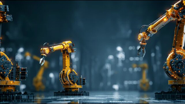Robotic Arms in Advanced Factory: A futuristic tableau of industrial robots working tirelessly within a high-tech factory, signifying innovation, automation, and precision.