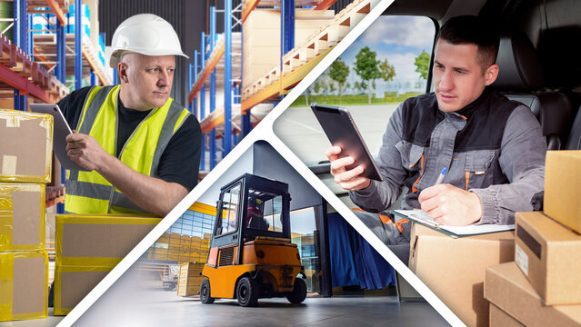 Logistics, Warehouse, Delivery. Workers with tablets checking packages, forklift moving goods, and driver handling delivery paperwork, representing modern supply chain management.