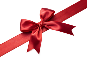 Elegant red satin ribbon tied in a bow with textured ribbon ends isolated on transparent background