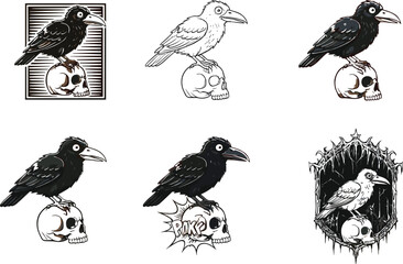Obraz premium Crow perched on human skull, gothic vector illustration, dark art, punk style, horror theme, surreal design, stylized bird and bone concept