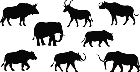 Wild animal silhouettes vector collection isolated on white background, elephant bull buffalo antelope illustration, wildlife safari design elements © Kartik Creative