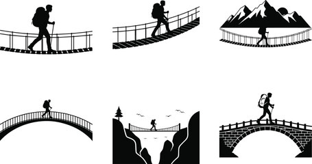 Hiking bridge silhouette vector illustration, outdoor trekking adventure, mountain exploration concept, black and white graphic art, nature travel design, scenic journey