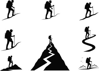 Hiking silhouette vector, mountain adventure illustration, trekking poses, outdoor exploration, backpacker journey, nature trail, summit achievement, wilderness travel design