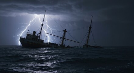 Fototapeta premium Wrecked ship in stormy sea struck by lightning, ominous and dark atmosphere