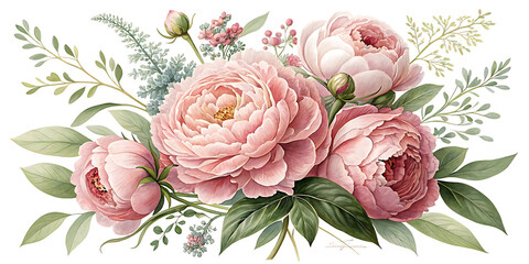 Elegant Pink Peony Bouquet Watercolor Illustration for Wedding Invitations and Floral Designs with Dark Background