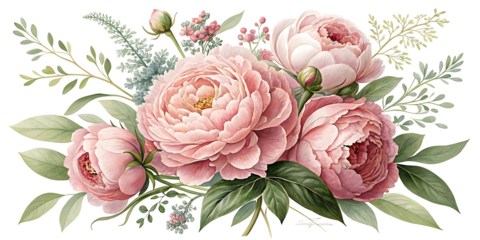 Elegant Pink Peony Bouquet Watercolor Illustration for Wedding Invitations and Floral Designs with Dark Background