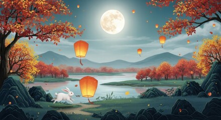 A Whimsical Autumn Night Scene with a Bunny and Lanterns Under the Full Moon in a Serene Landscape