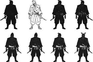 Samurai character vector illustration, traditional Japanese warrior design, katana and wakizashi weapons, silhouette and sketch styles, concept art, battle stance, armor details