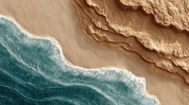 Golden desert sand meets the rolling ocean wave, blending arid textures with fluid motion in a surreal, hyperrealistic coastal landscape scene.