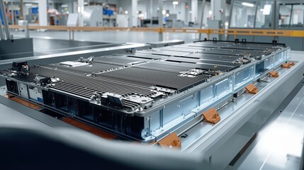 Electric vehicle battery pack assembly on a factory line, showcasing clean energy automotive technology and industrial manufacturing process