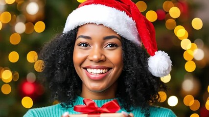 Young african american woman smiling, holding a wrapped gift with a red ribbon, standing in front of illuminated Christmas tree - Powered by Adobe
