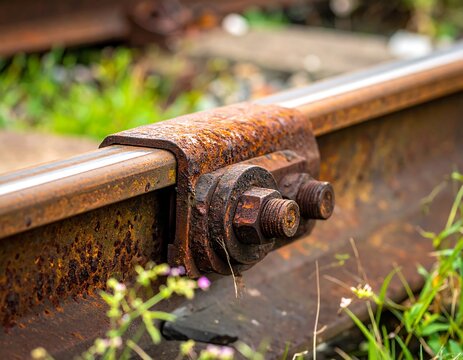 Close-up shot of a weathered, rusty metal railroad track joint - Powered by Adobe