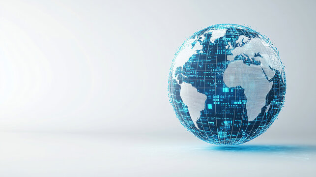 Hyperrealistic abstract data globe floating in clean white space, symbolizing global connectivity, digital networks, and futuristic technology in a minimalist style.
