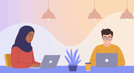 Diverse professionals collaborating and working on laptops in a modern, relaxed coworking space.