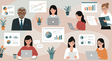 Diverse team collaborates on business growth with data analysis and digital communication in modern workspace setting