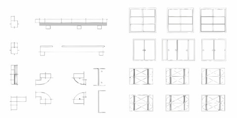Architectural and construction element sketches including windows doors and structural components