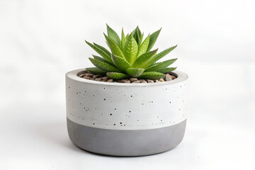 Green Succulent Plant in Modern White and Gray Pot on White Background.
