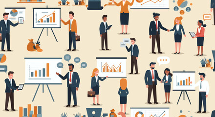 Dynamic business professionals collaborating and presenting growth strategies with charts and graphs in modern office settings