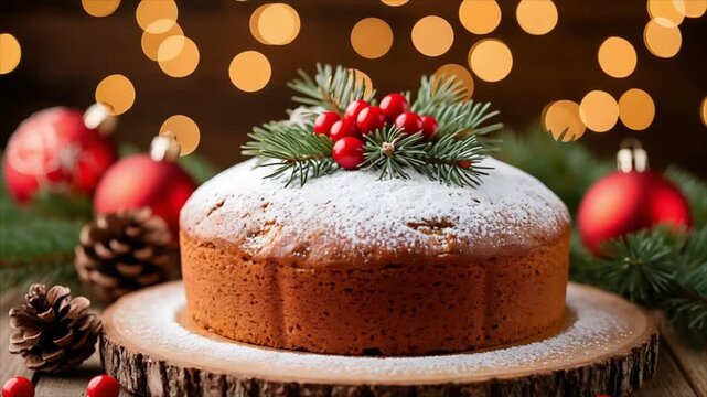 Cake on a wooden board featuring red berries, pine branches, and powdered sugar, surrounded by Christmas ornaments